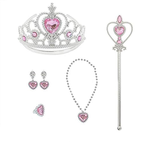 VGRDTW Princess Dress Up Accessories Set, 5 Pcs Princess Crown & Tiara Set with Fairy Wand, Necklace, Earrings and Ring for Birthdays, Photo Props, Parties (Pink)