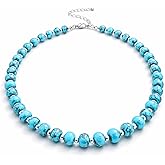 Sheplus Valentines Day Gift - 925 Sterling Silver Genuine Turquoise Beaded Choker Necklace Real Western Jewelry for Anniversary Wife