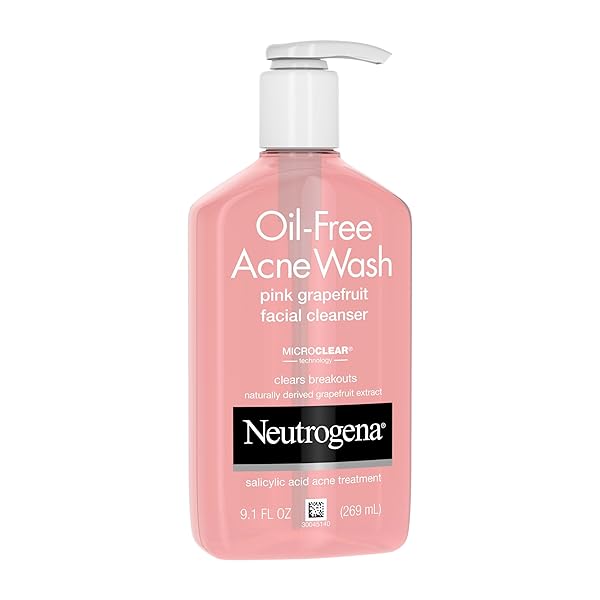 NEUTROGENA OIL-FREE ACNE WASH PINK GRAPEFRUIT FACIAL CLEANSER – WITH SALICYLIC ACID FOR CLEAR SKIN, DAILY FACE WASH FOR OILY & ACNE-PRONE SKIN, DEEP CLEANSING TREATMENT, 9.1 FL. OZ. BOTTLE