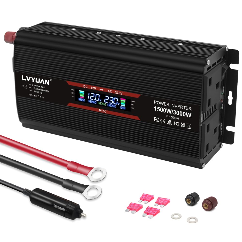 1500W Power Inverter 12V to 230V Modified Sine Wave Car Inverter DC to AC Converter with big LCD shows 2 UK AC Outlets 2 USB Port Replaceable Fuses and Cigarette Lighter for Laptop
