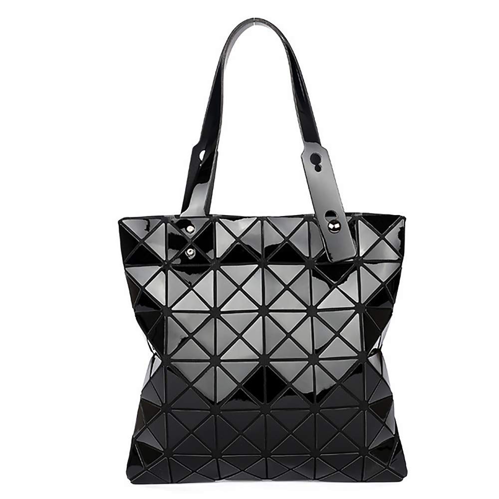 Womens Top-Handle Bags, Geometric Luminous Shoulder Bag, Foldable PVC Leather Shard Lattice Tote Bag (Black)