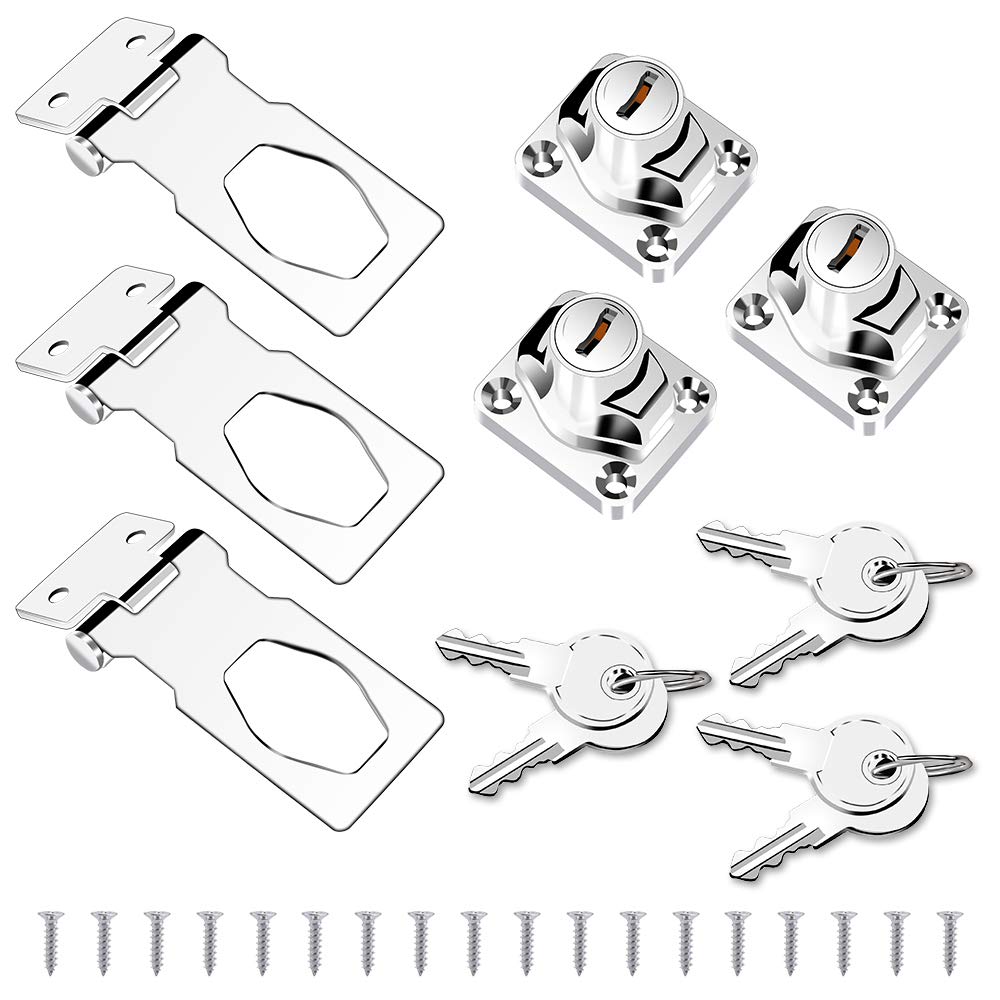 3 Sets Door Lock Hasp with Keys Door Bolt Latch Buckle Chrome Plated Lock Latch Hasp with Padlock and Screws Practical Set for Garden Gate Door Shed Windows Cabinets Wooden Furniture