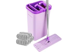 BOSHENG Mop and Bucket with Wringer Set, Hands Free Flat Floor Mop and Bucket, 5 Washable Microfiber Pads Included, Wet and Dry Use, Home Floor Cleaning System for All Floor Types and Windows,Purple