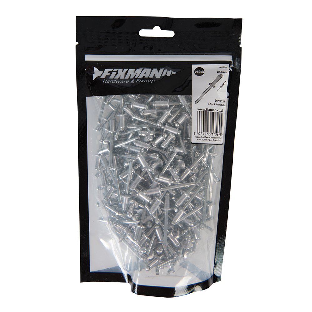 Fixman 567399 Open-End Dome Head Blind Rivets 4.8 x 10mm / 3.5-5.5mm Grip Range Pack of 250