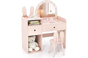 HONEY JOY Kids Vanity with Lights, Rabbit Themed Princess Makeup Dressing Desk, Storage Cabinet, Wooden Pretend Play Toddler Vanity Table & Chair Set with Lighted Mirror for Little Girls (Pink)