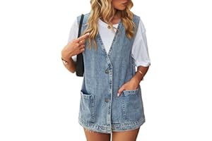Womens Denim Vest Casual Mid Long Jean Vests Plus Size Sleeveless Button Waistcoat with Pockets