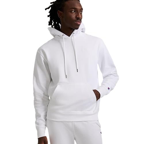 Champion Men's Pullover Fleece Hoodie, Standard Fit, Midweight, Available in Regular and Big & Tall, White-C Logo, Medium