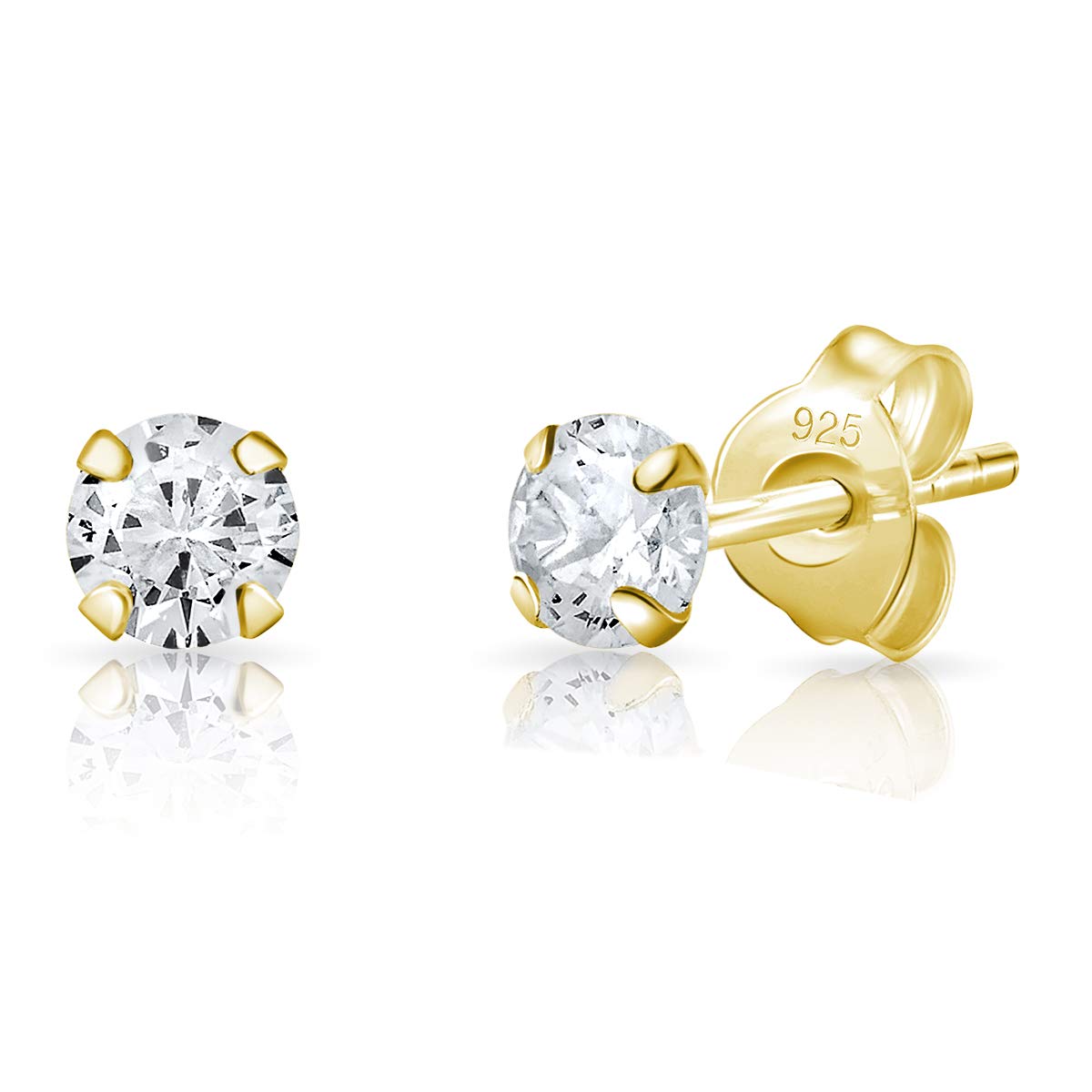Gold Stud Earrings with Zirconia CZ - 925 Sterling Silver Studs Earrings Gold Plated - Small Stud Earrings - Clear Stud Earrings - Diamond Earrings - 4 mm
