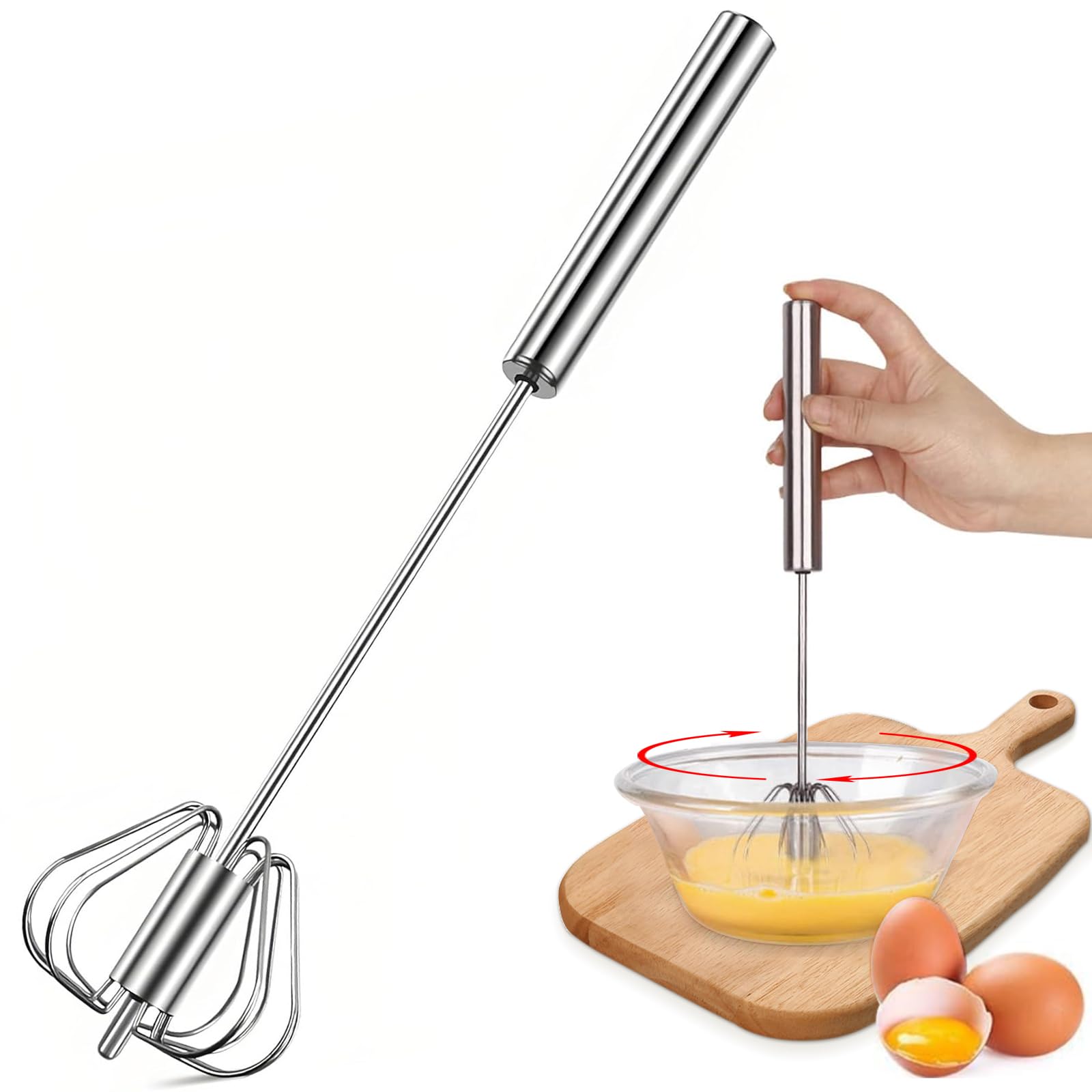 Semi-automatic stainless steel whisk, stainless steel whisk, semi-automatic hand whisk, whisk for kitchen, rotating push whisk for beating and frothing