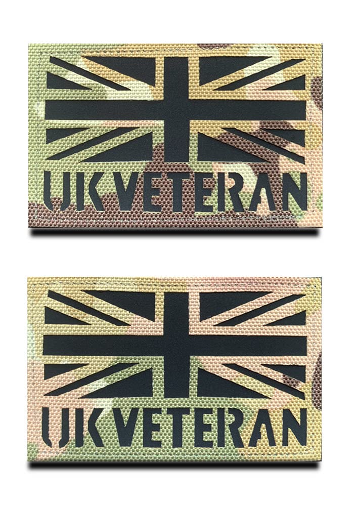 2 Pcs Reflective IR United Kingdom Veteran British Union AR Embroidered Patches UK Great Britain Hook and Loop Fasteners Laser Cut Military Combat Paintball Badge Armband Emblem Morale Applique