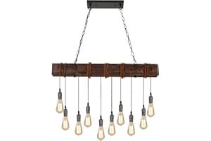 KEESFU 10-Lights Rustic Chandeliers for Dining Room, Farmhouse Wooden Ceiling Pendant Light, Height Adjustable, Rectangle Chandelier for Kitchen Island Dining Room Bar Pool Table Cabin.