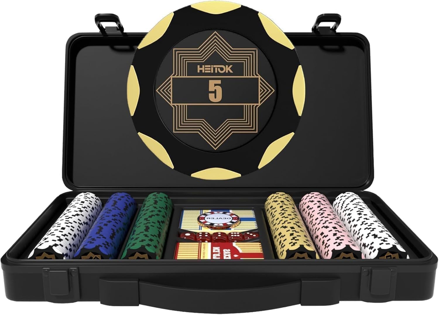HEITOK 300 Piece Poker Chip Set 14g Clay Composite Numbered Chips Texas Holdem Blackjack Set With Durable Polycarbonate Case Waterproof Plastic Cards And Metal Dealer Button Casino Gaming Equipment — image 1