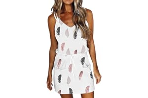 NaRHbrg Summer Dresses for Women Beach Spaghetti Strap V-Neck Feather Print Mini Belt Dress Casual Boho Dress Sundress