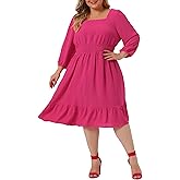 Agnes Orinda Plus Size Midi Dresses for Women Vintage Square Neck Swiss Dots Boho Chiffon Dress 2023