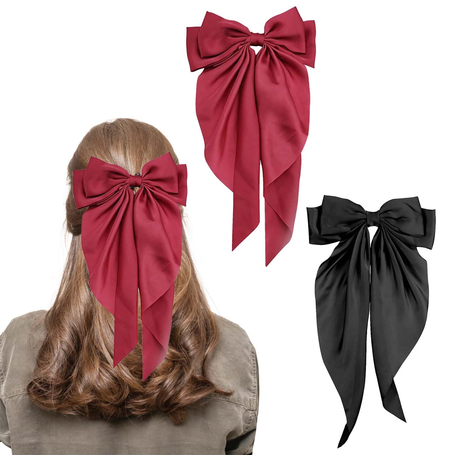 Bow Hair Clip, Hair Bows for Women Big Bowknot Hairpin French Hair Clips with Long Ribbon Solid Color Barrette Clips for Women Girls(Black+Red) — image 1