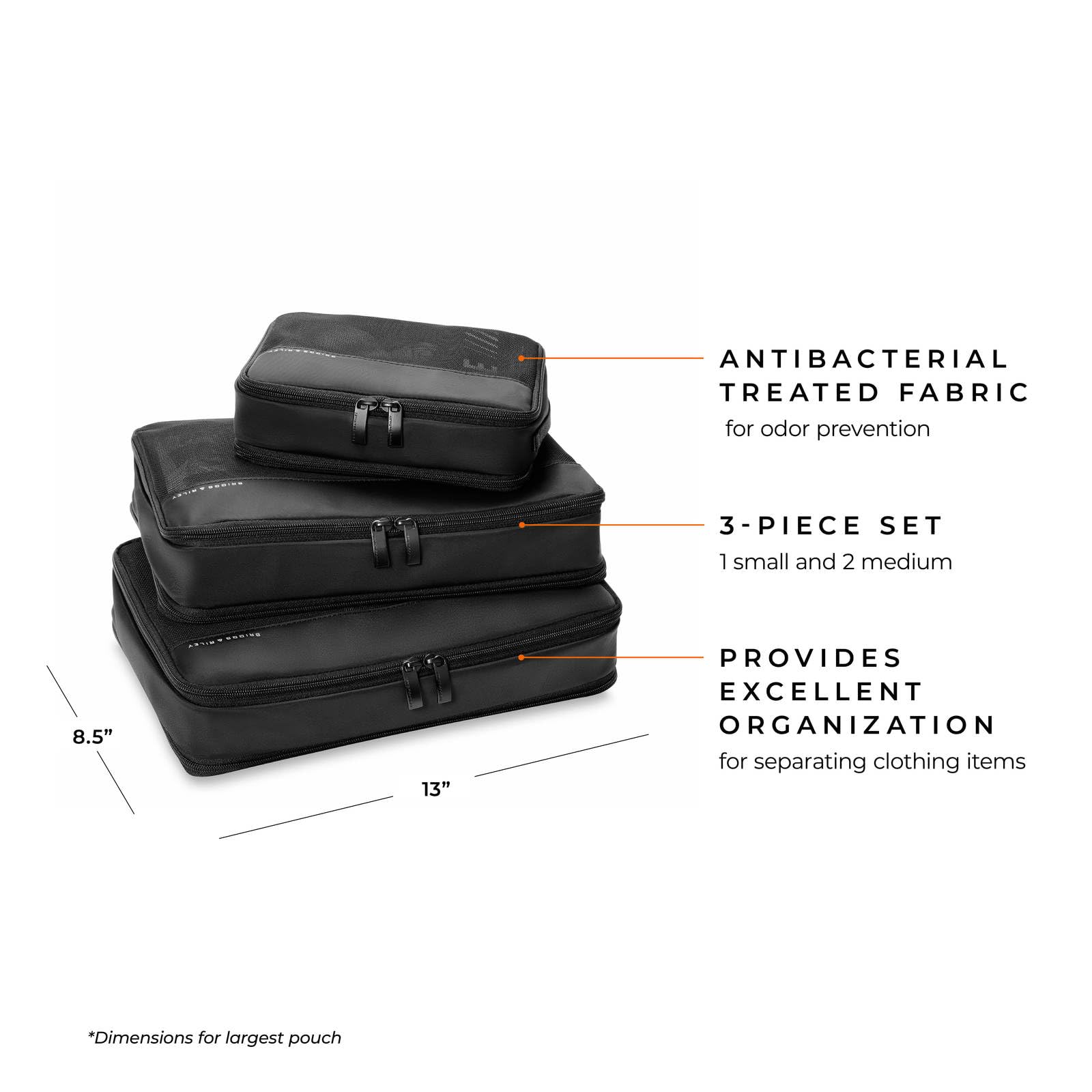 Briggs & Riley Briggs & Riley Carry On Compression Packing Cube Set - Bag Organizer for Suitcase & Luggage, Travel Essentials for Women & Men, Pack Accessories for Vacation, Maximize Storage Space - 3-Piece, Black