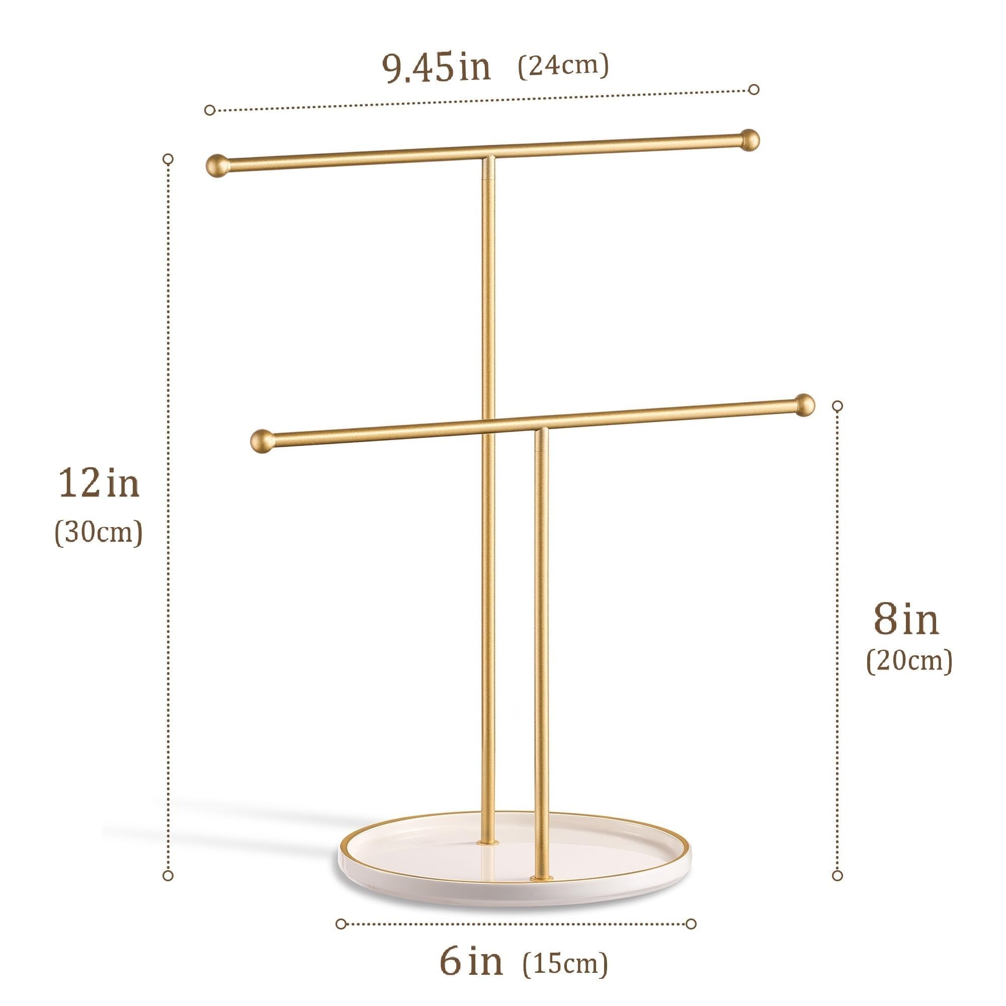 Josmimic Gold Jewelry Holder Stand with Ceramic Tray: Small Hanging Necklace Organizer Tree for Earrings, Bracelets, Rings – Jewelry Display Hanger for Women & Girls, White