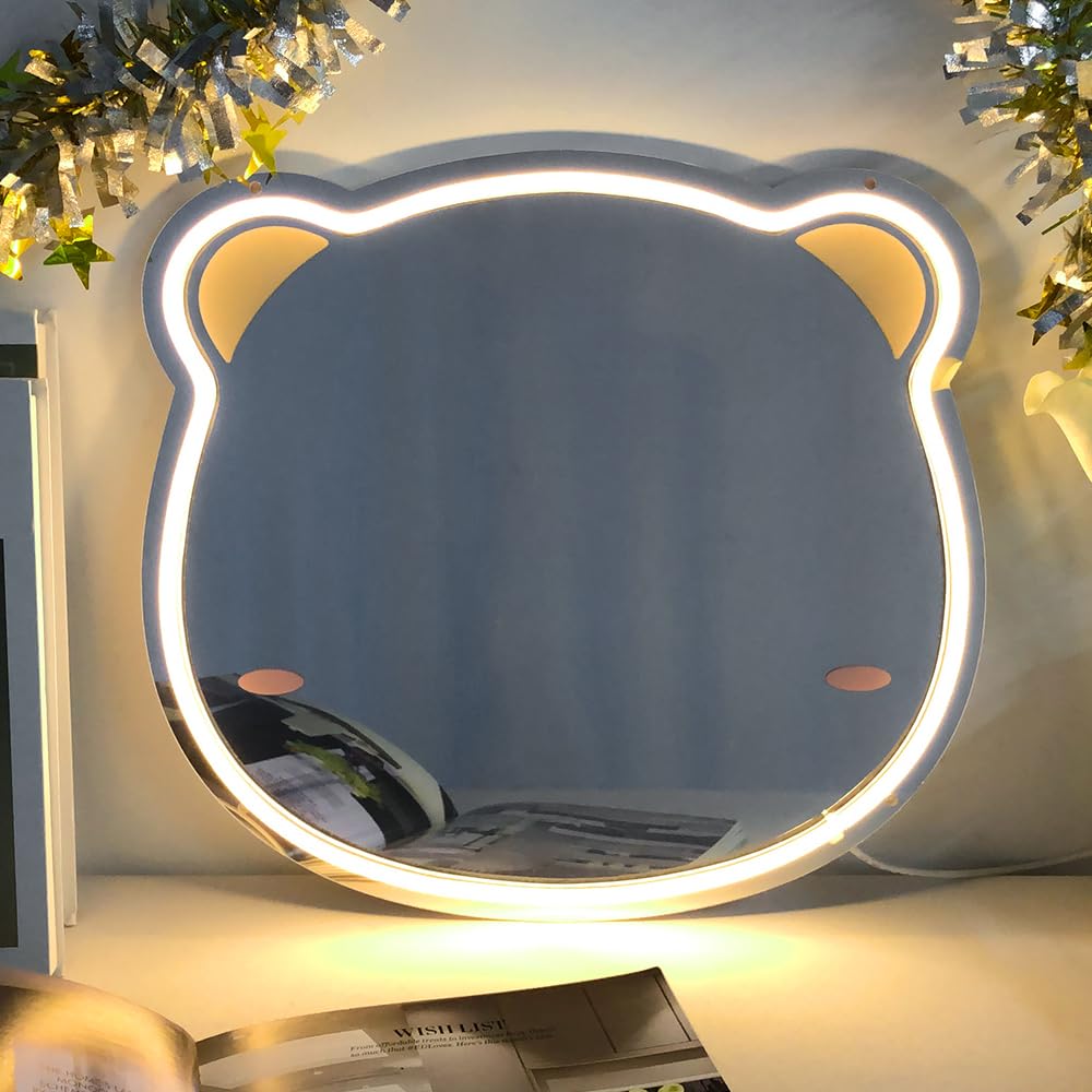 Photo 1 of COLORNEON Bear Neon Sign Wall Mirror - Dimmable Shatterproof Lightweight Mirror with LED Lights for Bedroom, Kids Room & Vanity Makeup, Cute Bear Shape Wall Decor, Birthday Gift (13.4x14.5 Inch)
