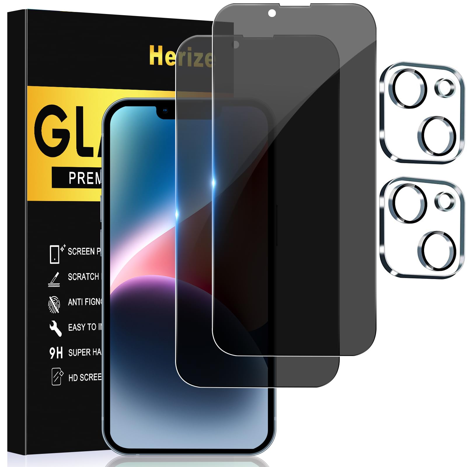 Herize [2+2 Pack] Privacy Screen Protector for iPhone 14 with Camera Lens Protector, 6.1 Inch Tempered Full Screen Glass Accessories, Anti-Spy, Bubble Free, Case Friendly