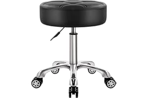 WKWKER Heavy Duty Rolling Stool with Wheels Hydraulic Lift 360 Swivel Adjustable Rolling Stool Thick Leather Ergonomic Seat Stool Chair for Kitchen Drafting Lab Office Salon Message Stool Black