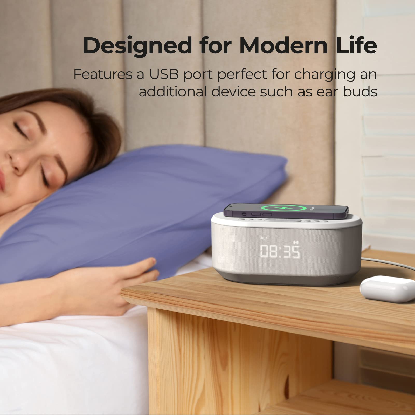 i box Dawn RadioFM , Bluetooth Wireless Speaker, Fast Charging, Clock Radio, LED Display, USB Charger, Dimmable Night Light, Alarm Clock Feature, Wireless Charger, Digital Clock, Dual Alarm (White)