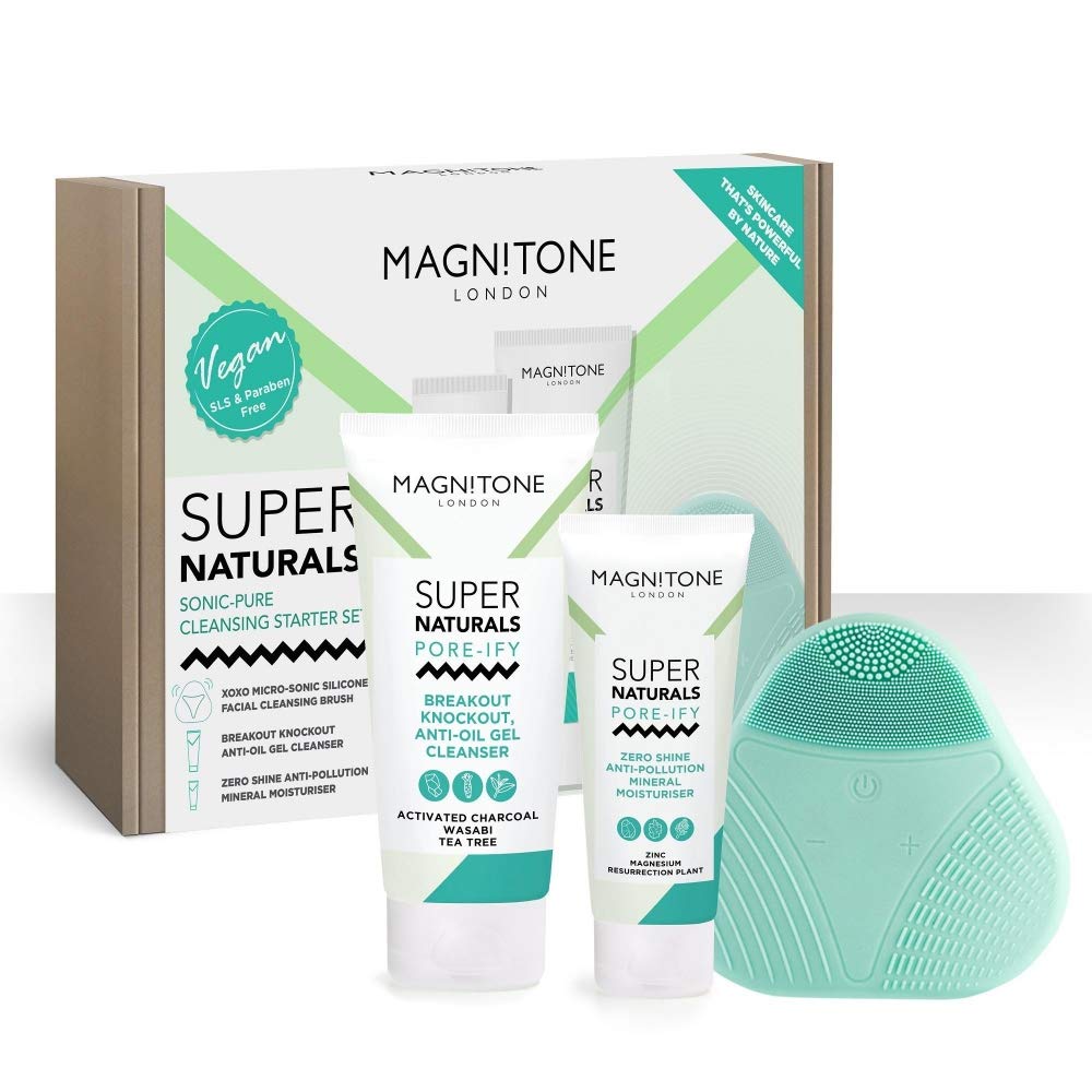 Magnitone Sonic Pure Starter Kit Super Cleansing Gift Pack with XOXO Silicone Cleansing Brush, SuperNaturals Cleanser & Zero-Shine Mineral Day Moisturiser