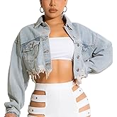 HTD Women's Cropped Jean Jacket Button Up Long Sleeve Ripped Distressed Denim Jacket Frayed Hem