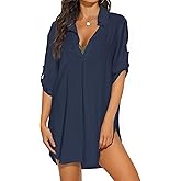 joyliveCY Swimsuit Coverups for Women, V Neck Bathing Suits Cover Ups for Women, 3/4 Sleeve Bikini Cover Up Beach Dress(Navy Blue, X-Large)