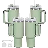Temolulu 4 Pack 40 Oz Tumbler with Handle Bulk, Double Wall Vacuum Insulated Stainless Steel Tumbler with Lid and Straw, 40 oz cup with Silicone Spill Proof Stopper Set (Dark Green)