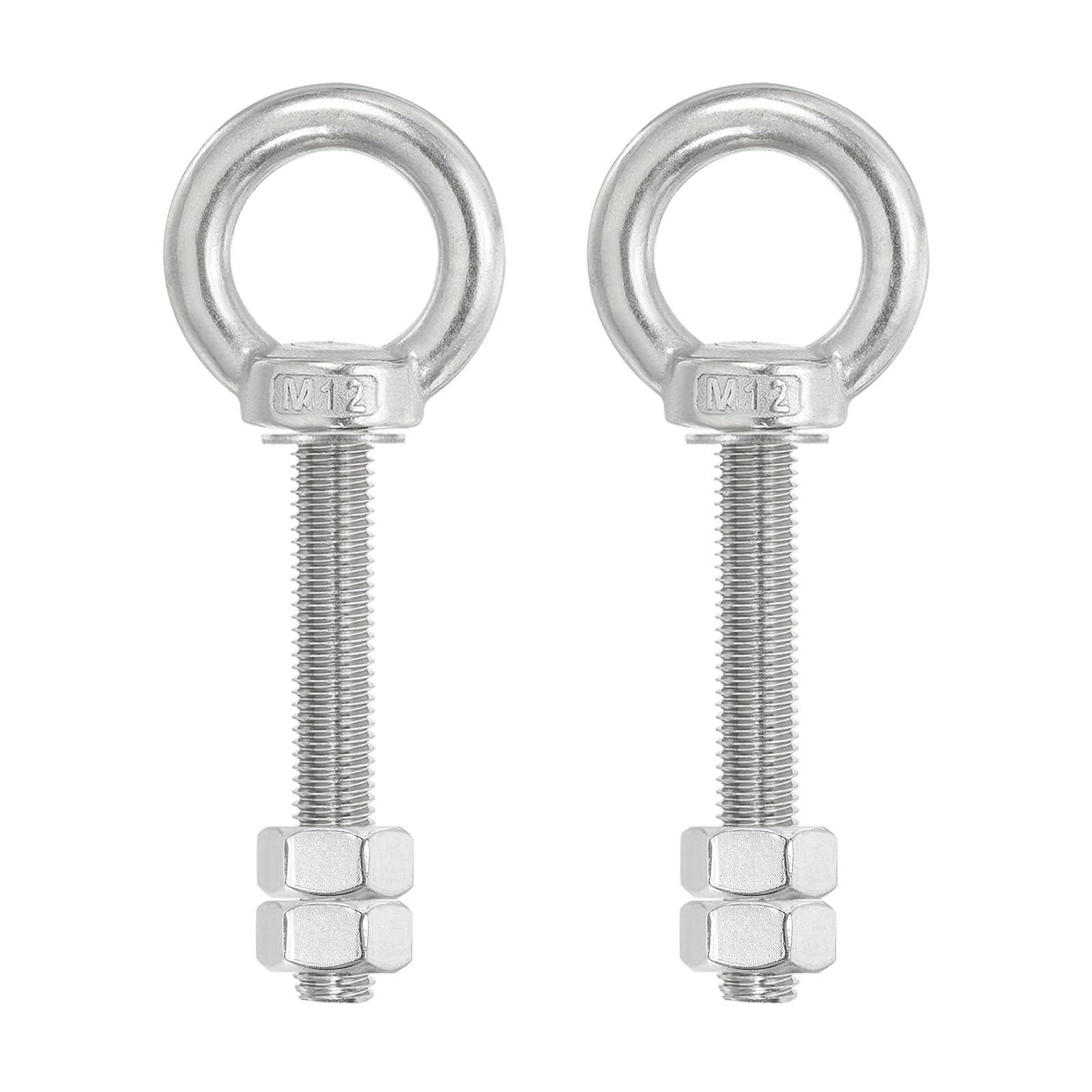 PATIKIL Lifting Shoulder Eye Bolts, 2 Pack M12x70 Screw Bolt 304 Stainless Steel Eye Bolts Threaded Screw Eyebolt Shoulder Ring with Double Nuts Fixed for Lifting Hanging