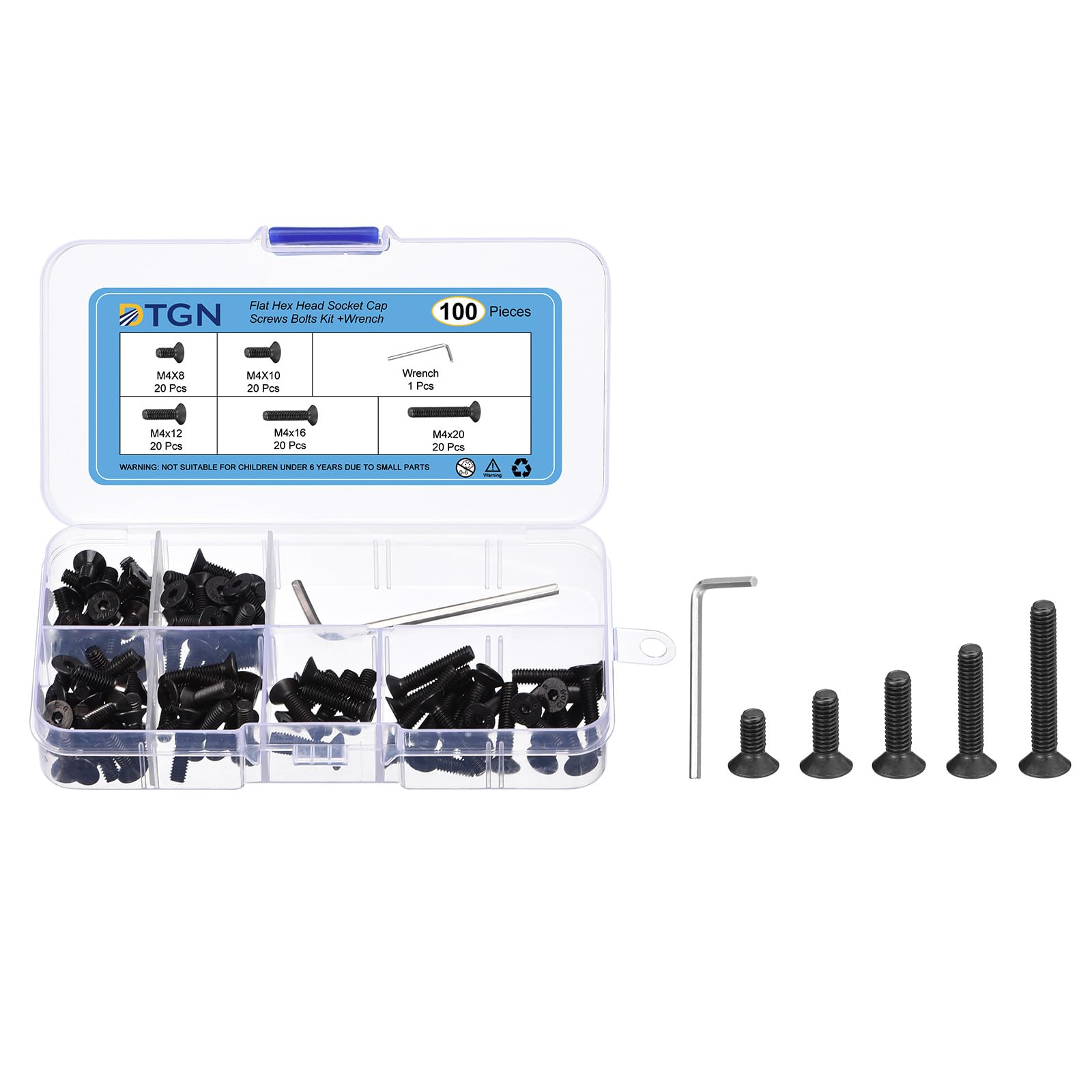 DTGN 100Pcs M4 x 8mm /10mm /12mm /16mm /20mm Flat Head Hex Socket Cap Screws Bolts Kit with Wrench, Carbon Steel Black Oxide, Full Thread, Countersunk Bolts