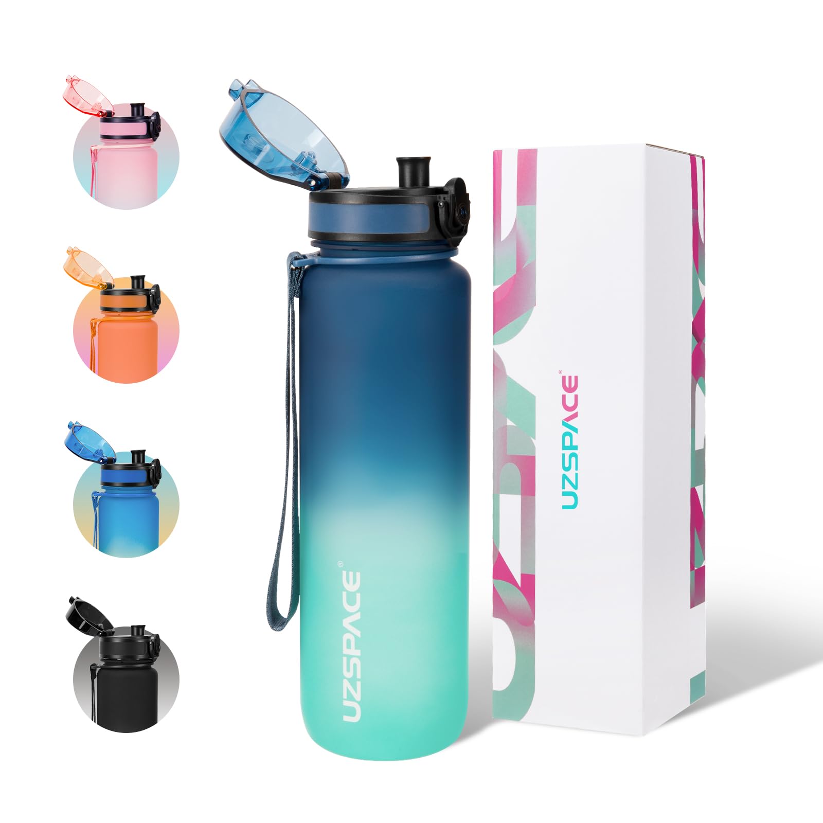 UZSPACE 1 Litre Water Bottle with Strainer - BPA Free Drinking Bottles for Adults - Sports Water Bottle with Capacity Scale - Daily Water Intake Bottle for School or Fitness & Outdoors Blue & Green