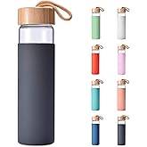 Yomious 20 Oz Borosilicate Glass Water Bottles with Silicone Sleeve BPA Free, Dishwasher Safe - Reusable Clear Glass Drinking with Leak Proof Bamboo Lid | Perfect Gym Water Bottles for Men & Women