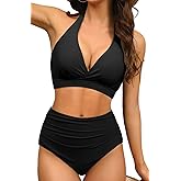 Halter V Neck Push Up Swimsuit Padded High Waisted Ruched Bottom Two Piece Bikini Set Bathing Suit for Women