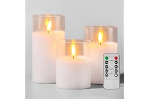 TYAWON Glass Battery Operated LED Pillar Flameless Candles with10-Key Remote and Timer, Real Wax Candles Warm Color Wick Flickering Light for Festival Wedding bar Cafe Home Party Decor(Pack of 3)-Lvory White