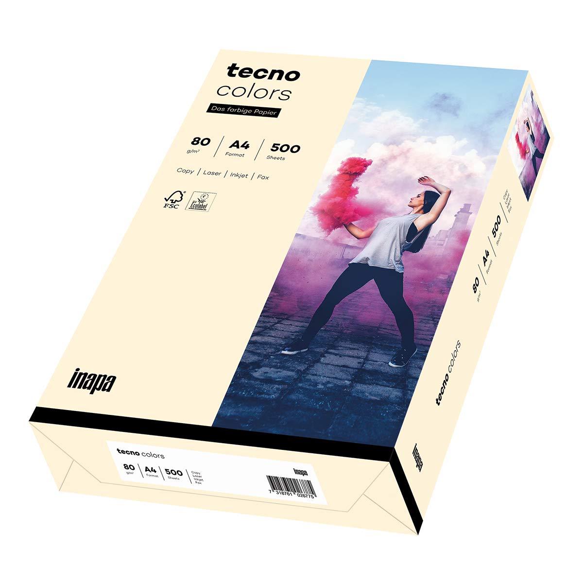 inapa Coloured Printer Paper, Colourful Paper Tecno Colors: 80 g/m², A4, 500 Sheets, Light Chamois