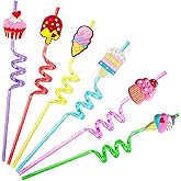 Reusable Ice Cream Straws Party Favors Supplies,24Pcs Plastic Cupcake Fun Cute Long Crazy Silly Spiral Drinking Straws for Birthday Hawaiian Beach Cocktail Luau Party Decorations 1 Cleaning Brush