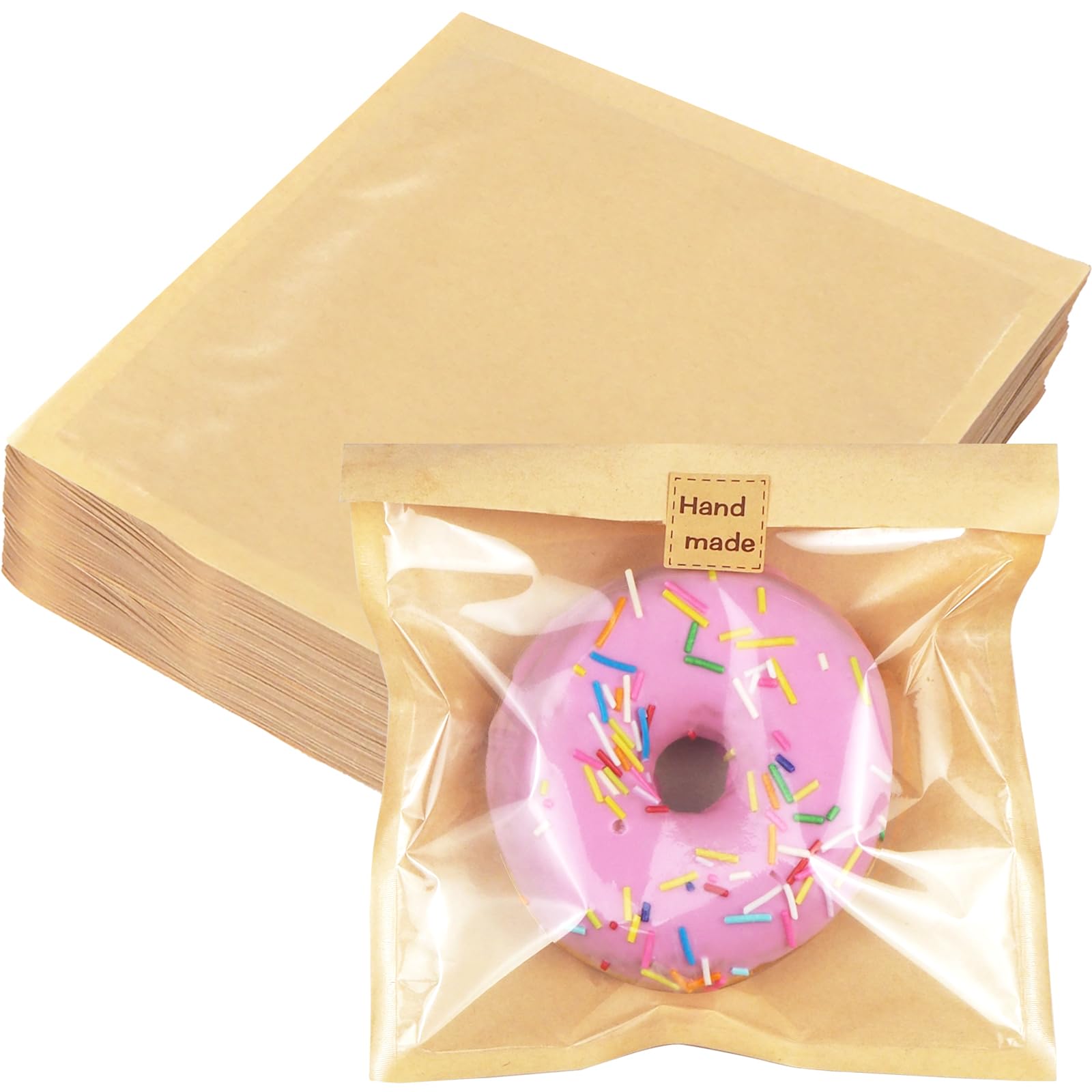 Photo 1 of 100 Pack Bakery Bags with Window, 7.1x7.5 Inch Kraft Paper Cookie Bags with Stickers, Grease Resistant Heat Sealable Paper Bakery bags for Treats, Sandwich, Cookies