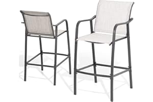 VredHom Outdoor Metal Bar Stools Patio Bar Stools Set of 2, Counter Height Chairs Steel Bar Chairs Lightweight Patio Furniture with Textilene, Armrest and Footrest,Light Grey