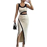 GORGLITTER Women's Color Block Bodycon Maxi Dress Sleeveless Cut Out Ruched Summer Church Easter Graduation Long Dress