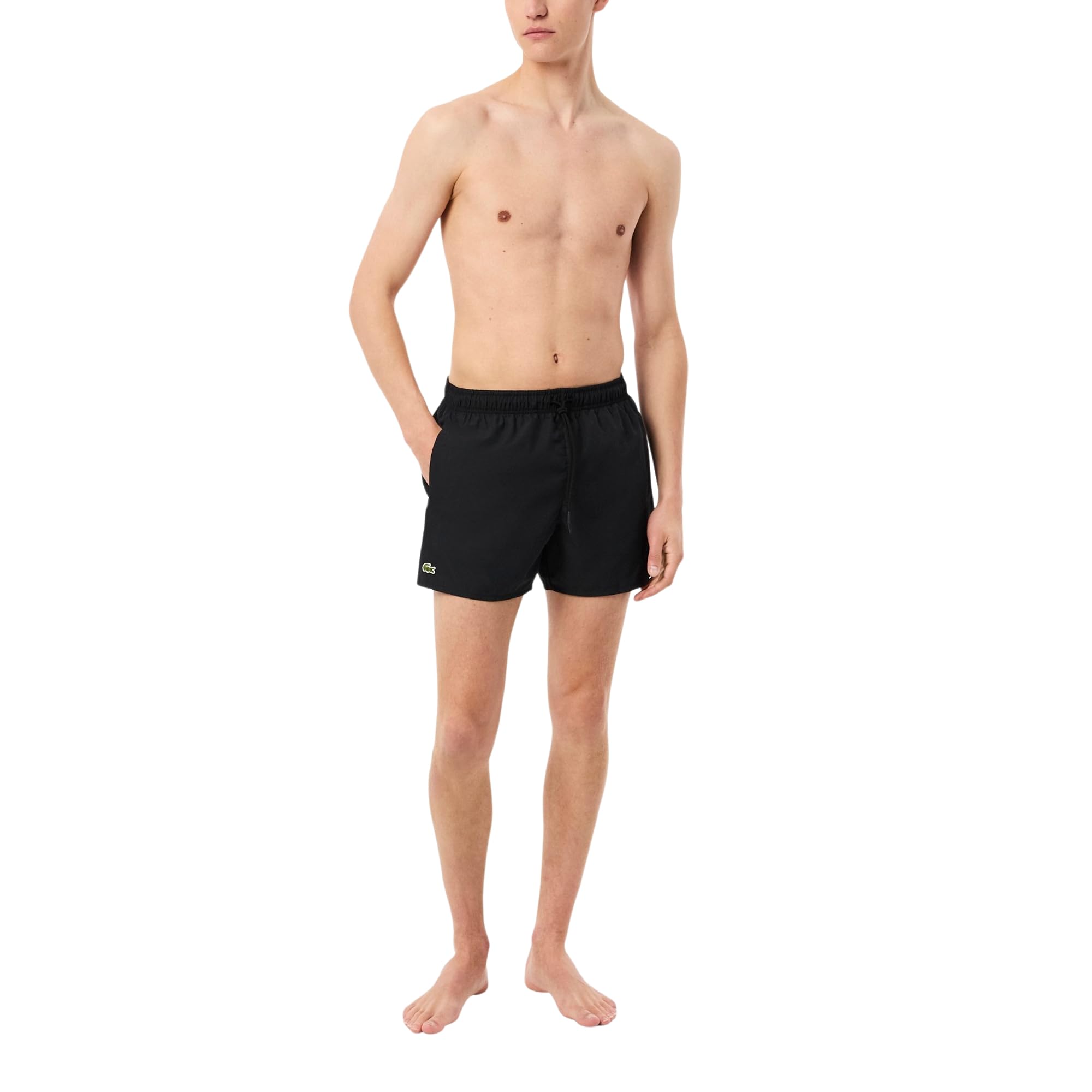 Lacoste Men's Solid Elastic Waist Swim Trunks, Black/Green, X-Large Image