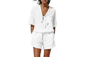 Generic Womens Linen Set 2 Piece Summer Outfits Short Sleeve Tie Front Shirts and Shorts Matching Set for Beach Vacation