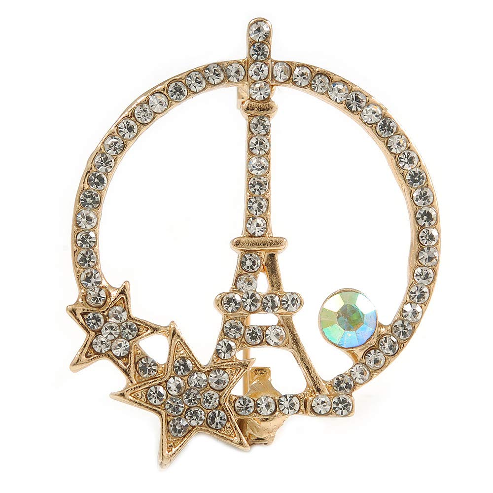 Gold Tone Clear/AB Crystal Eiffel Tower and Stars Brooch - 40mm Tall