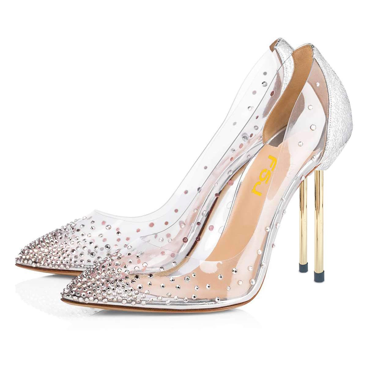 Photo 1 of FSJ Women Studded Pointed Toe Transparent Pumps High Heels Shoes with Rhinestones Size 8 Silver