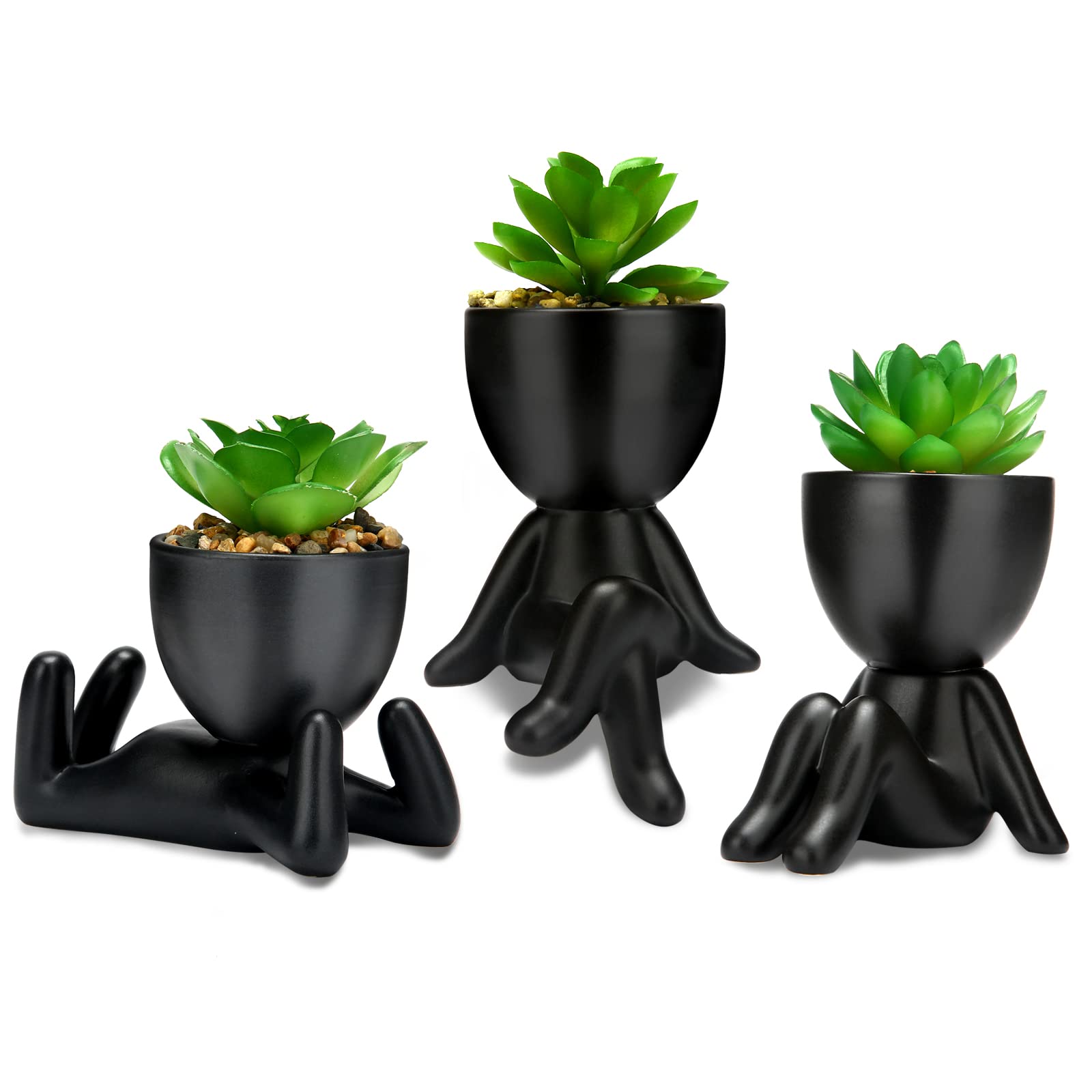 QIUKUN Fake Mini Succulents Plants Artificial in Black Modern Human Shaped Ceramic Pots Cute Desk Decor Desk Plant for Office Decor for Women Cute Fake Plants Bathroom Decor (3PCS)