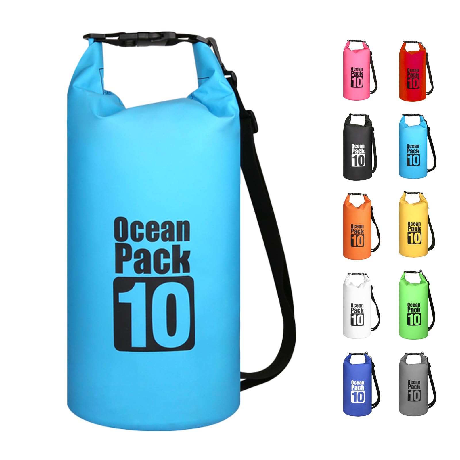 MORAINJAY 10L Sky Blue Dry Bag,Waterproof Bag with Single Adjustable Shoulder Strap,Middle Capacity Dry Sack 2L 5L 10L 15L 20L 30L for Outdoor Camping,Rafting,Swimming,Boating,Surfing