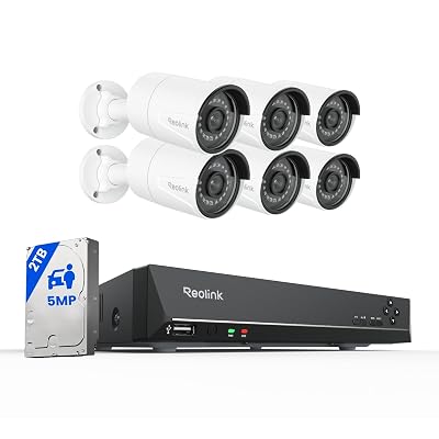 REOLINK 8CH 5MP Home Security Camera System, 6pcs Wired Outdoor PoE IP Cameras with Person/Vehicle/Pet Detection, 4K/8MP 8CH NVR with 2TB HDD for 24-7 Recording, RLK8-410B6-5MP