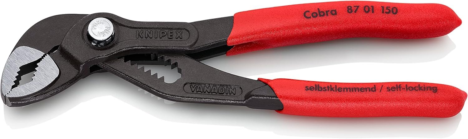 KNIPEX Cobra Water Pump Pliers, 150 mm, Nuts to 30 mm, Pipes to 36 mm, Self-Locking, Fine Adjustment by Button Push, Pipe Wrench, 87 01 150