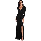 Betsy & Adam Womens Betsy & Adam Women's V-Neck Long Sleeve, Floor-Length Gown with Side Ruffle Detail and Slit