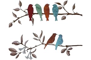2 Pcs Metal Birds Wall Art - Vivid Birds on Branch Metal Wall Art with Hanging Leaves - Outdoor & Indoor Decor (Colorful)